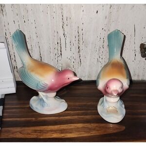 Vintage Royal Copley Spaulding Ceramic Teal Pink Apricot Flycatcher Birds - MCM